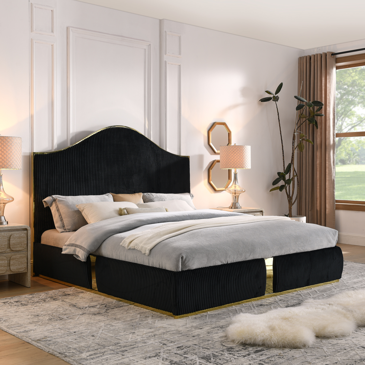 Black Upholstered King Size Bed With Modern Headboard, Sturdy and
