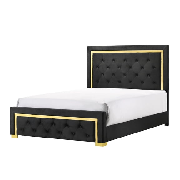 Black Upholstered Queen Bed with Glam Style and Gold Details / Beautifies Bedroom