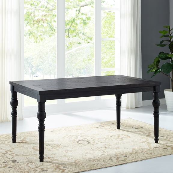 Black Urban Dining Table - Wood Grain Tabletop For A Rich And Elegant Look, Stately Turned Legs Graceful Stylish Presence, Solid Rubberwood Frame Long-term Durability Stability, 65" W X 38"d 30"h,