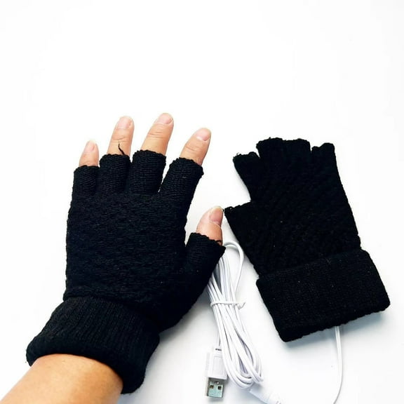Black Usb Heated Knitted Gloves, Winter Warm Fingerless Gloves With Dual-Side Heating, Soft Acrylic Material, For Outdoor Activities And Daily Use, 7.5X4.5In 0.22Lb