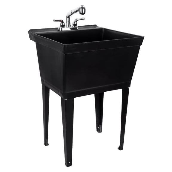 Black Utility Sink Laundry Tub With Pull Out Faucet, Freestanding Single Bowl Slop Wash Basin With Sprayer Spout, Heavy Duty Washing Station Organizer For Basement Garage Shop