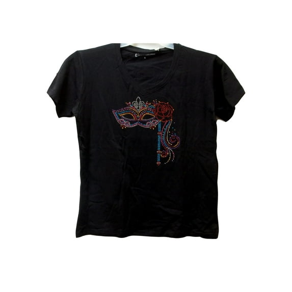 Black V Neck Knit SS T Shirt XL Adult 1X Rose Mask Bling Applique