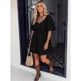 thumbnail image 1 of Black V-Neck Lace Insert Boho Short Dress With Flutter Sleeves And Button, 1 of 30