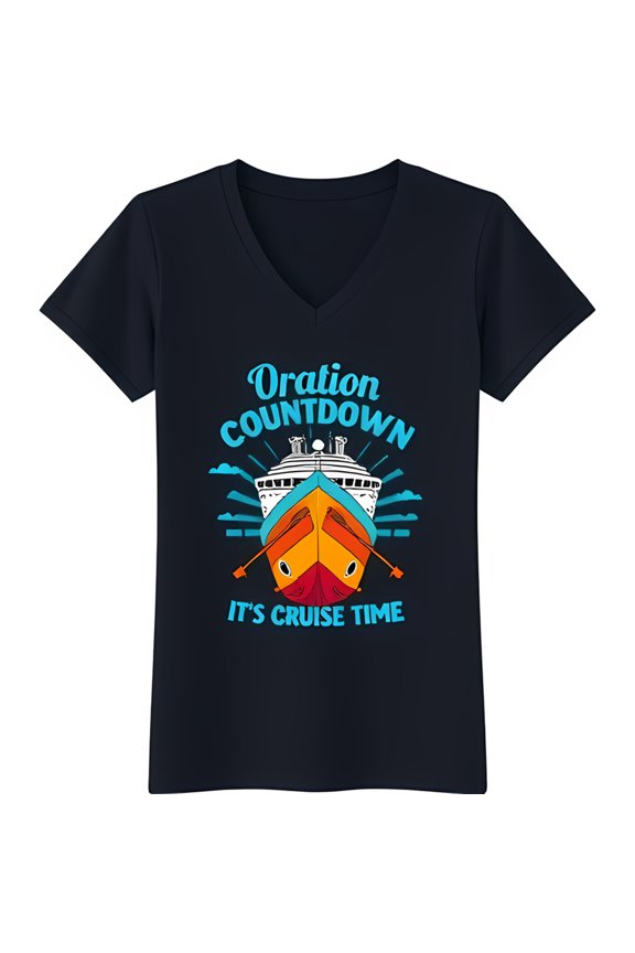 Black V Neck T-Shirt with Colorful Cruise Ship Graphic & It s Cruise Text