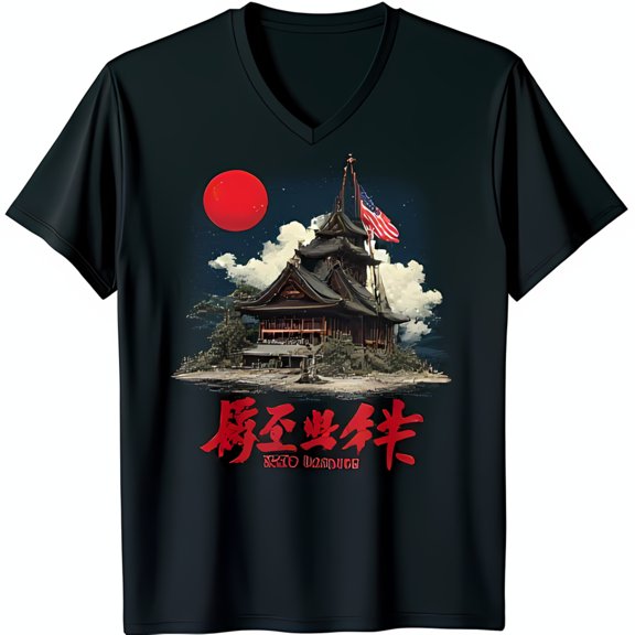 Black V Neck T-Shirt with Japanese Temple and US Graphic Bold Design