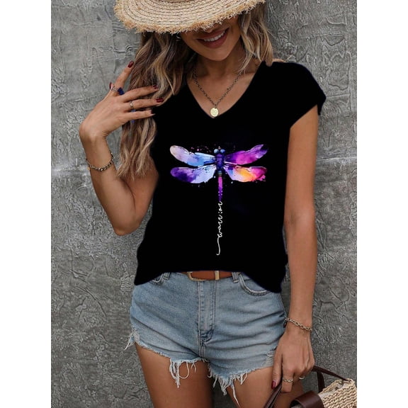 Black V - Neck Tee with Colorful Watercolor Dragonfly Print