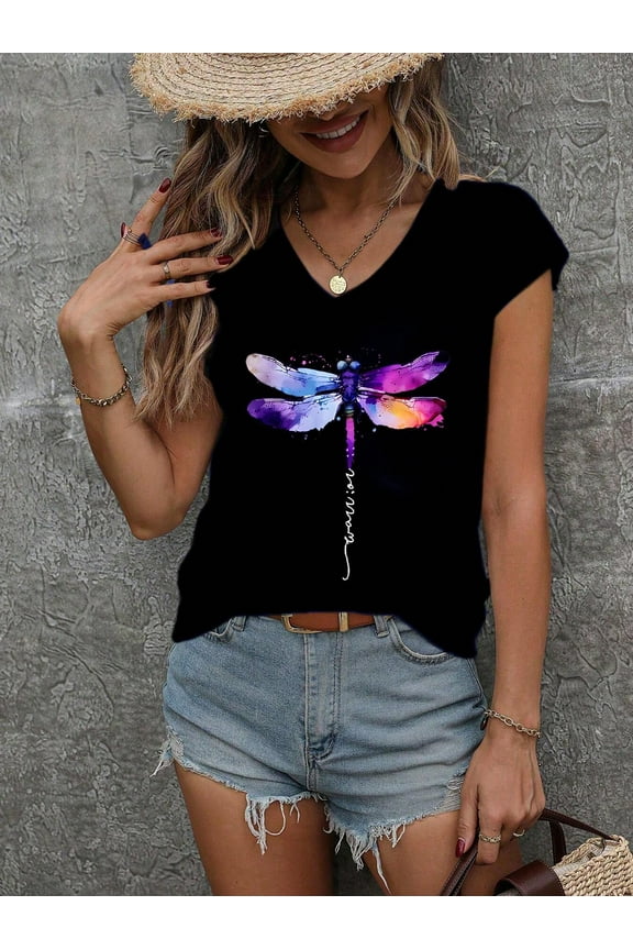 Black V - Neck Tee with Colorful Watercolor Dragonfly Print