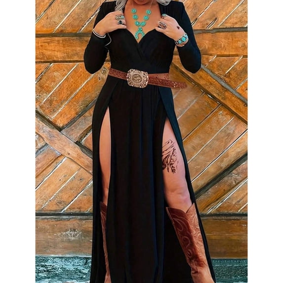 Black V-Neck Wrap Maxi Dress With High Slit, Belted Waist, Long Sleeve For Cocktail Party Vacation