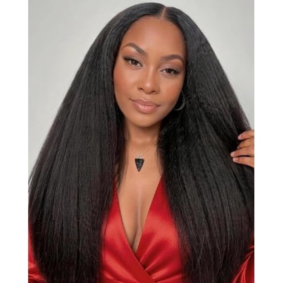 Black V Part Wig Kinky Straight Wig Upgrade U Part Synthetic Wigs for Black Women Full Clip In Hair Glueless Blend Human Hair Replacement Synthetic Wigs Scalp (Jet Black, 20 Inch)