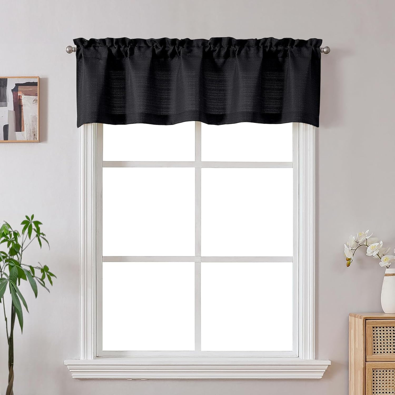 Black Valance for Windows, Light Filtering Faux Linen Textured Kitchen ...