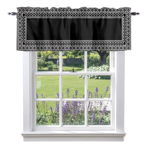 Black Valances for Windows, Boho Diamond Pattern Border Rustic Southwestern Rod Pocket Valance Short Window Treatments Curtains for Kitchen Bathroom Bedroom Decor, 42 x 12 Inches