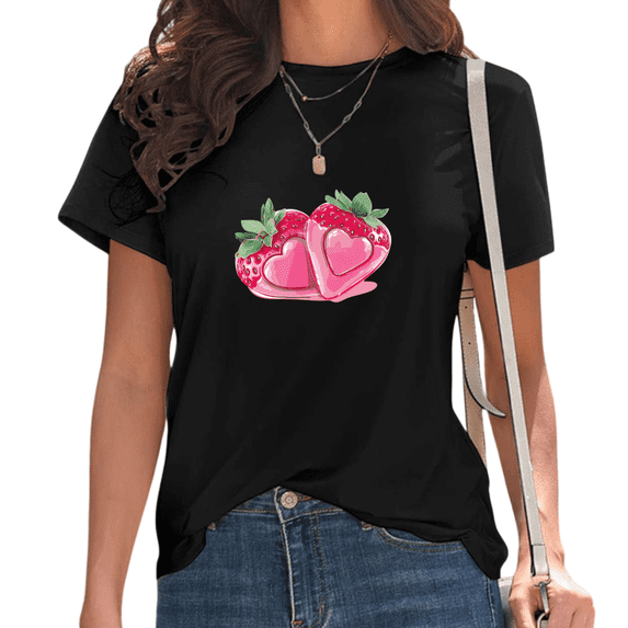 Black Valentine's Day Strawberry Heart Print T-Shirt Women's Casual Loose Fit Short Sleeve Romantic Fruit Aesthetic Graphic Tee Tops S-5XL