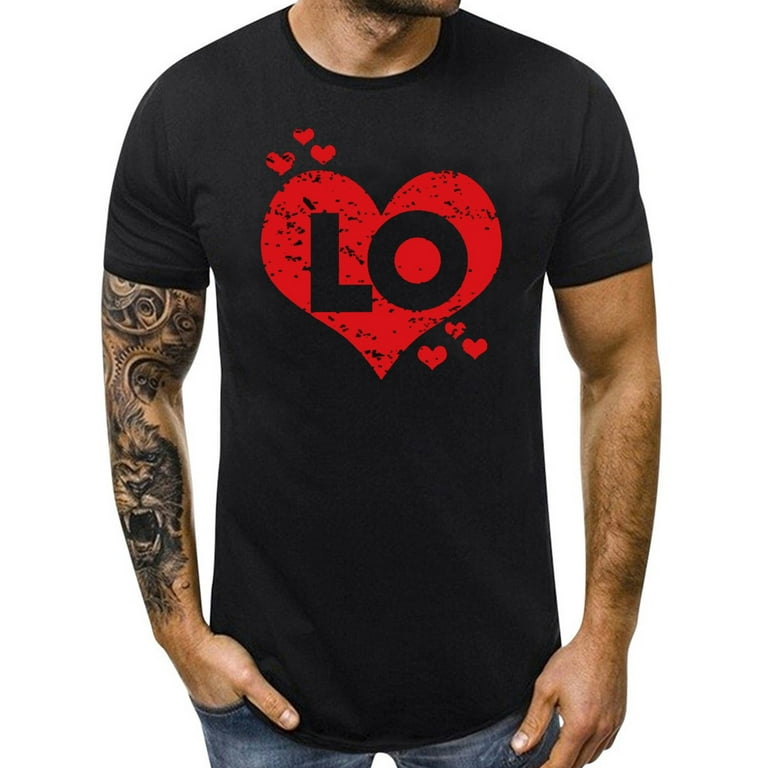 Black Valentines Day Gifts Summer Short Sleeve Crewneck Floral Shirts Men's  Casual Sweet Valentine's Simple Printed T-shirt Comfortable Couple Round