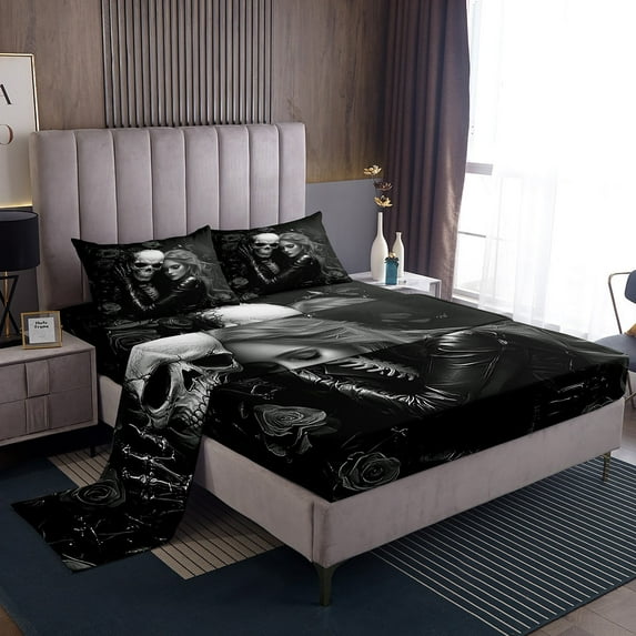 Black Valentines Day King Bed Sheets Set,3D Sugar Kiss Skull Sheet Set,Gothic Rose Floral Sheets,Skull and Love Flat Fitted Sheet Valentine'S Day Gift 4Pcs Decor