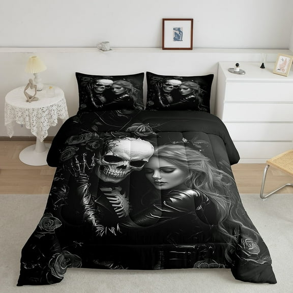 Black Valentines Day King Comforter Set,3D Sugar Kiss Skull Bedding Set,Gothic Rose Floral Bedding Comforter Sets,Skull and Love Duvet Insert Valentine'S Day Gift Decor