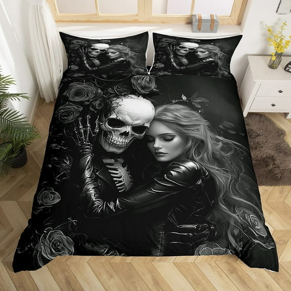 Black Valentines Day King Duvet Cover,3D Sugar Kiss Skull Comforter Cover,Gothic Rose Floral Bedding Set,Skull and Love Quilt Cover Valentine'S Day Gift Decor(No Comforter)