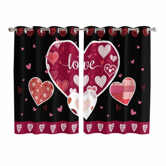 Black Valentines Day Kitchen Curtains Window Panels, Love Hearts Romantic Farmhouse Insulated Window Treatment Curtain, Grommet Curtains for Bedroom/Living Room/Bathroom, 2 Piece 52"Wx72"L
