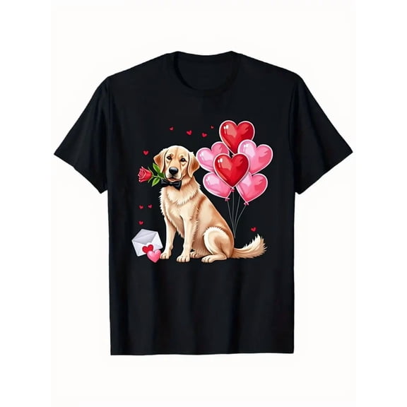 Black Valentines Day Labrador Retriever T-Shirt with Heart Balloons and Rose | Casual Short Sleeve Crewneck Tee for Women Men, Comfortable Medium Stretch Fabric, Perfect for