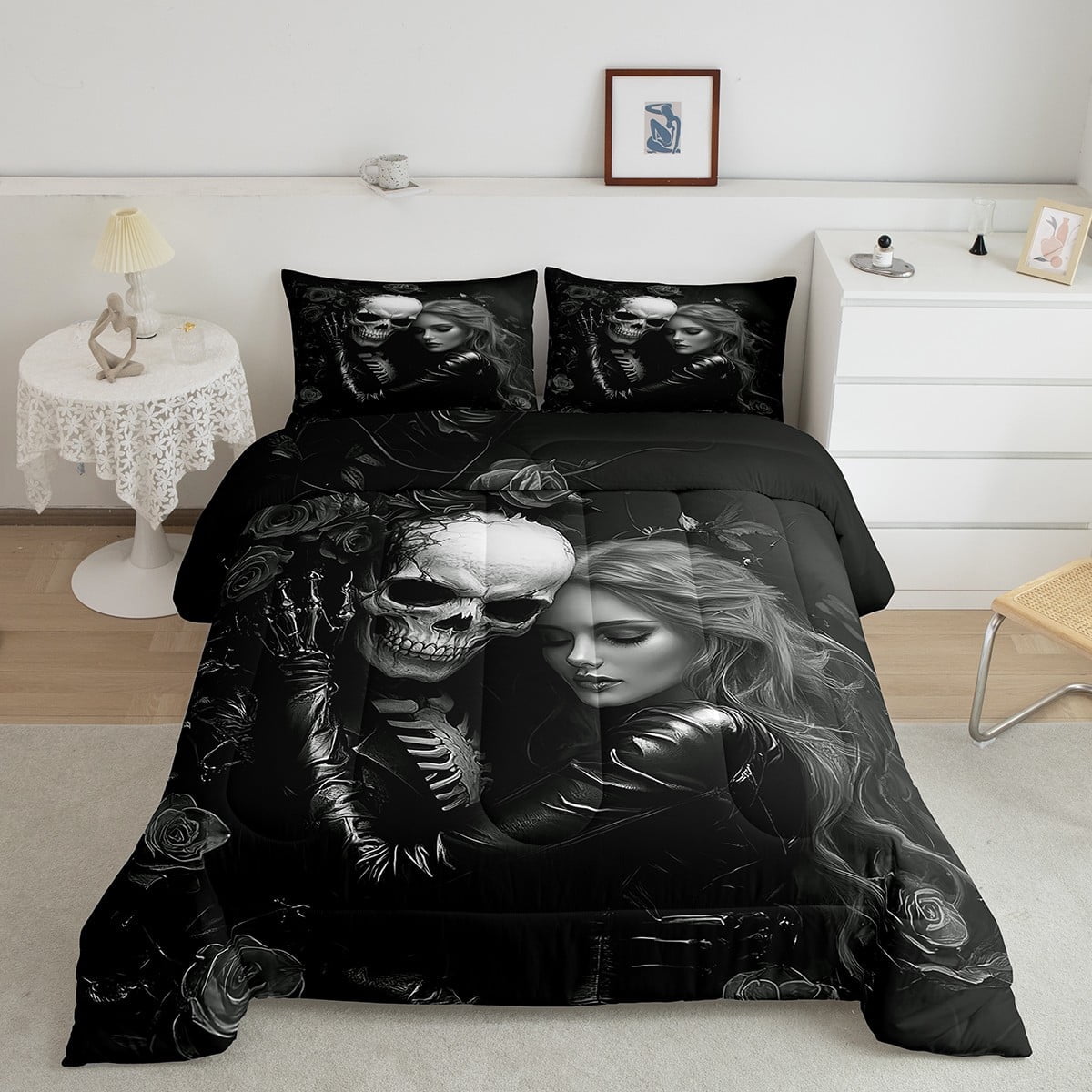 Black Valentines Day Queen Comforter Set,3D Sugar Kiss Skull Bedding Set,Gothic Rose Floral Bedding Comforter Sets,Skull and Love Duvet Insert Valentine'S Day Gift Decor