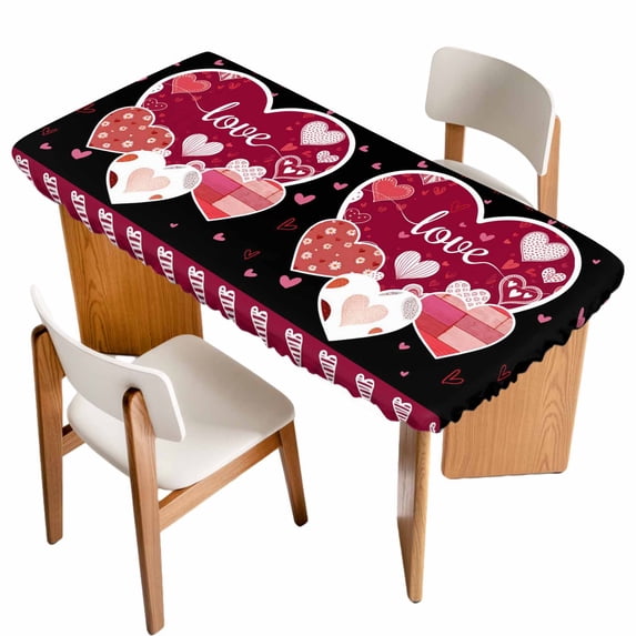 Black Valentines Day Table Cloths for 5 Foot Rectangle Tables, Love Hearts Romantic Farmhouse Patio Waterproof Elastic Fitted Tablecloths, Washable Rectangular Table Cover for Camping
