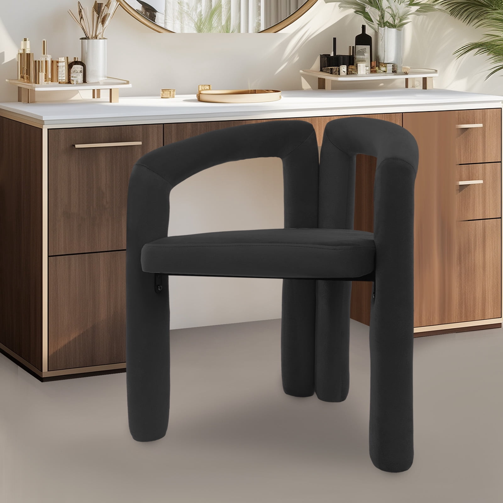 Black Vanity Chair Stool, Modern Makeup Chair with Backrest & Handrail