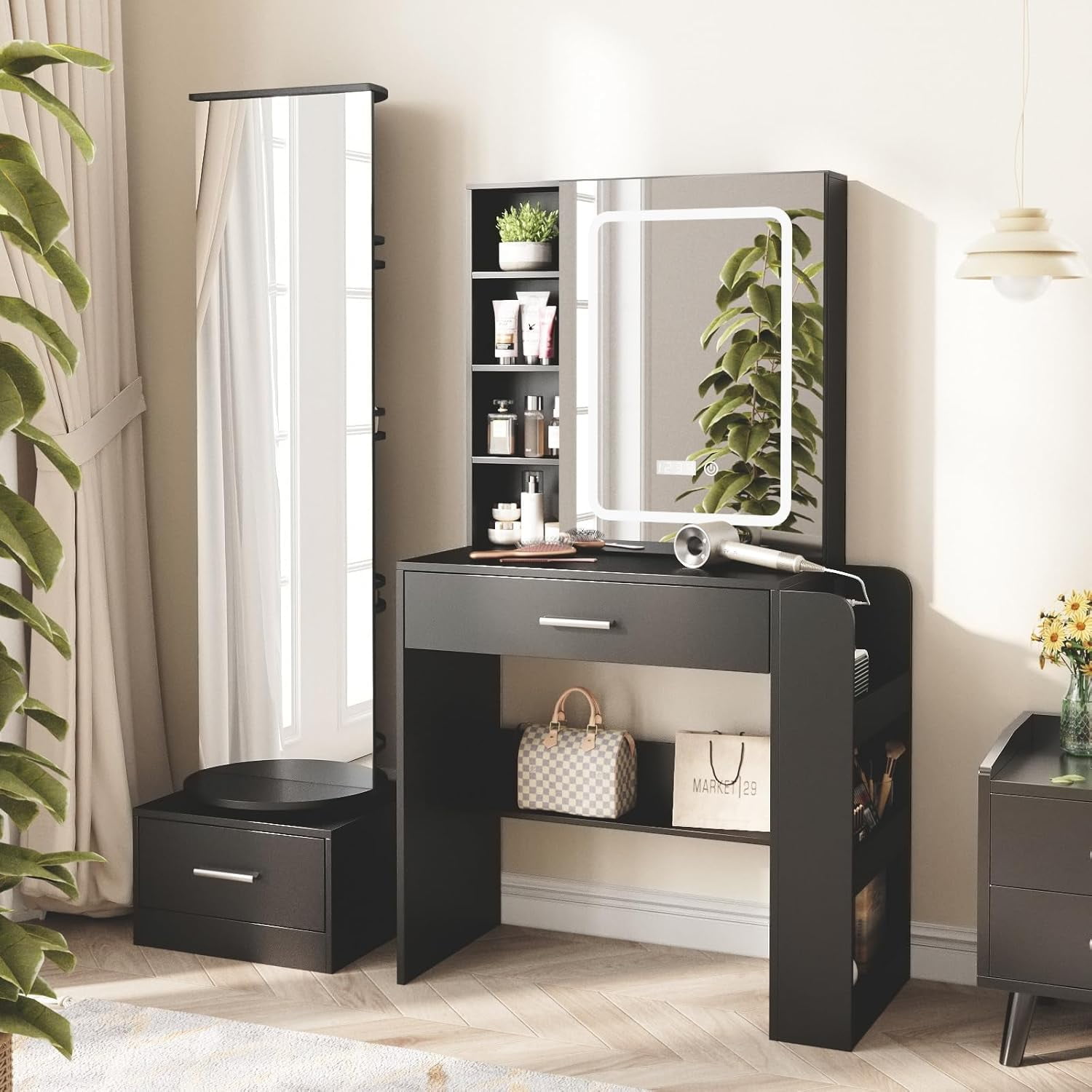 Black Vanity Desk with Full Length Mirror and Lights Mirror Makeup