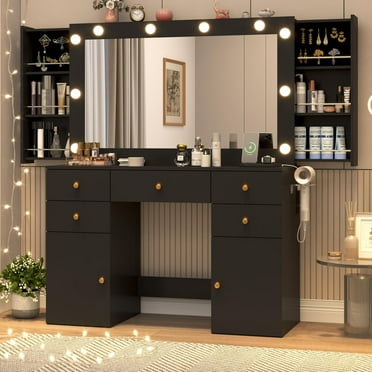 Black Vanity Desk with Large Lighted Mirror & Power Outlet, Makeup Vanity Table with Glass Top & Drawers, Sliding Storage, 44.1" Large Makeup Vanity Table for Women Girls, Black