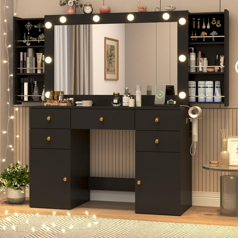 Black Vanity Desk with LED Mirror, Charging Station, USB Ports
