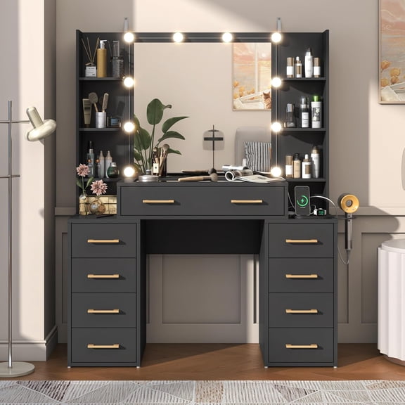 Black Vanity Desk with Mirror & LED Lights, Glass Top Vanity Desk with Charging Station & Compartment Storage Drawers, 43" Large Makeup Vanity Table with 9 Drawers & 6 Shelves
