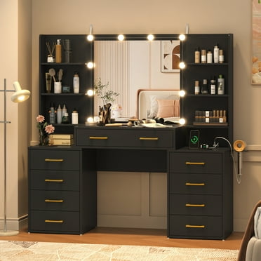 Black Vanity Desk with Mirror & LED Lights, Glass Top Vanity Desk with Charging Station & Compartment Storage Drawers, 55" Large Makeup Vanity Table with 9 Drawers & 6 Shelves