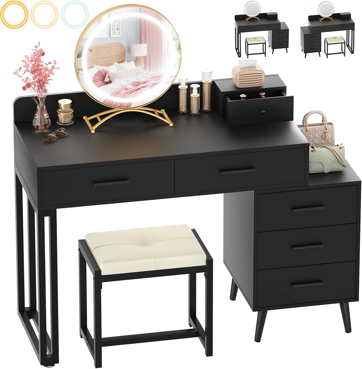 Black Vanity Desk with Mirror and Lights, Modern Makeup Vanity Table
