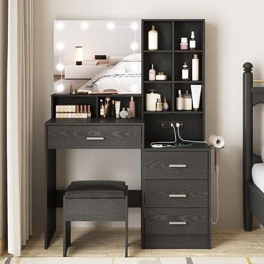 Black Vanity Desk with Mirror and Lights Vanity Table with Charging