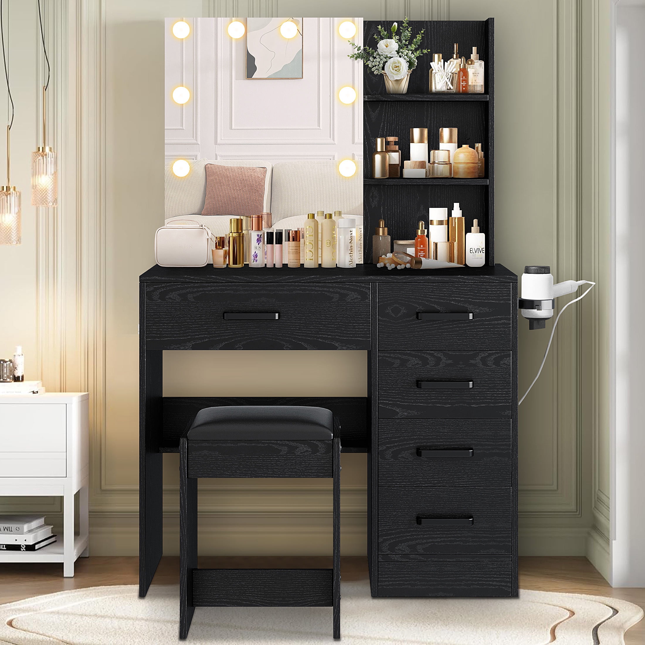 Black Vanity Desk with Mirror and Lights, UHOMEPRO Makeup Vanity Table ...
