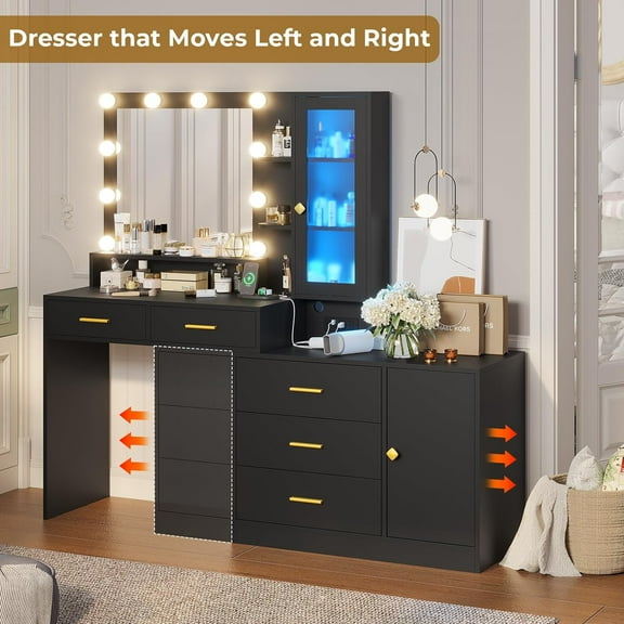 Kicode Vanity Desk with Mirror and Lights, with Charging StationVanity Makeup Desk with Drawers and Shelves,Makeup Table with Storage Cabinet Dresser,Black