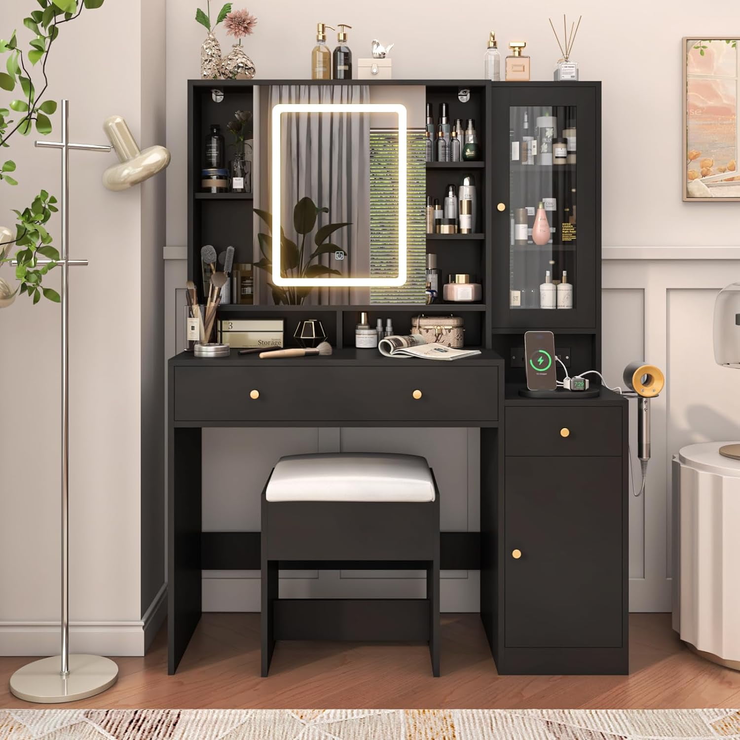 Black Vanity Desk with Sliding Mirror & Lights, Vanity Table Makeup ...