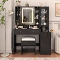 thumbnail image 1 of Black Vanity Desk with Sliding Mirror & Lights, Vanity Table Makeup Desk with Charging Station 2 Drawers 2 Doors, Lots of Storage Shelves, Large Vanity Set with Cushioned Stool, 1 of 9
