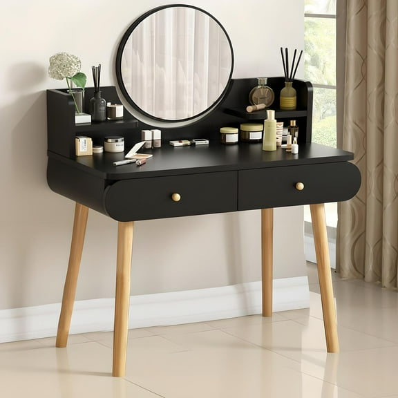 Liyufly Black Vanity Desk with 2 Drawers, Makeup Vanity Table Bathroom Vanity Dressing Table for Women Girls(Without Stool and LED)