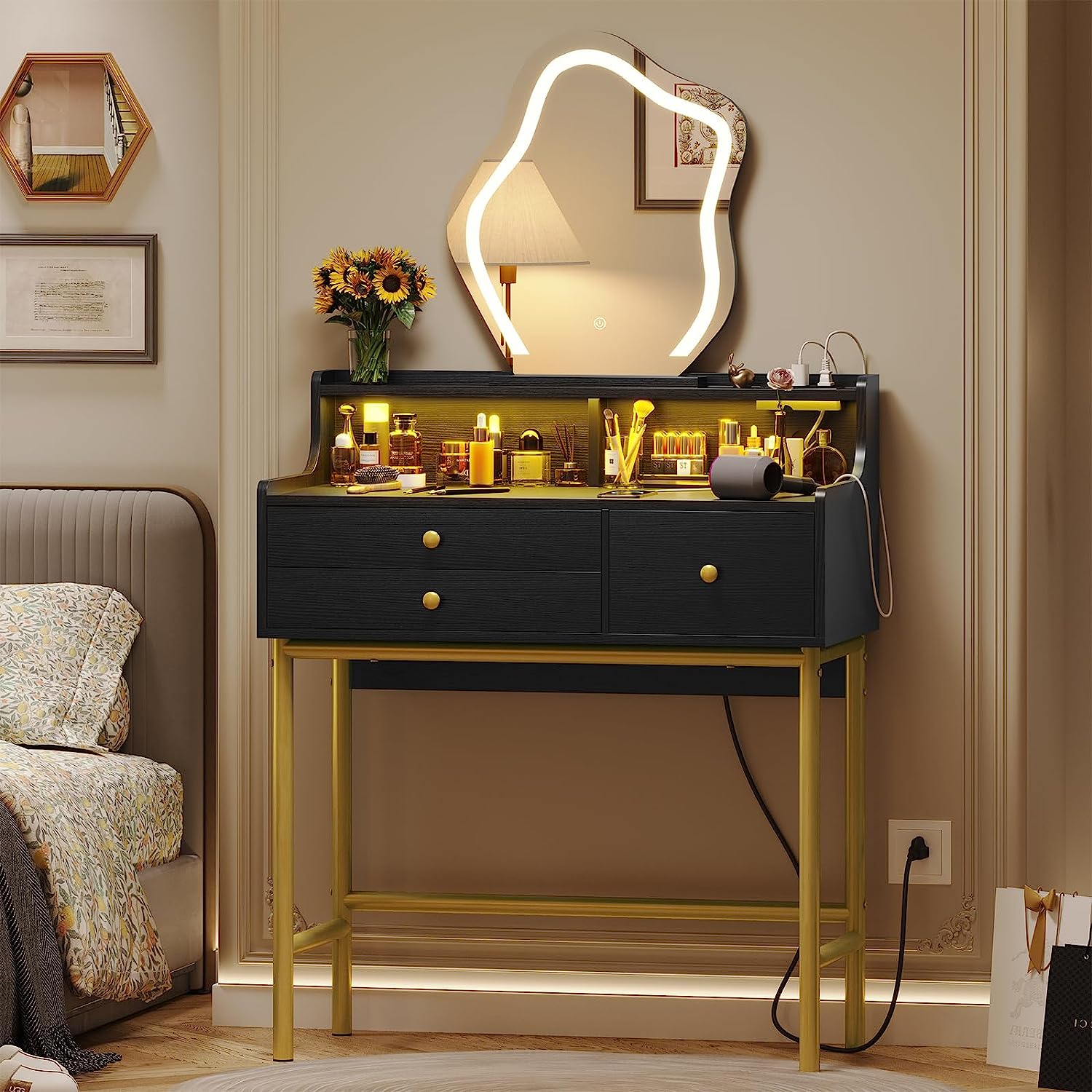 Black Vanity Desk with Lighted Mirror Makeup Vanity Desk Table with Led