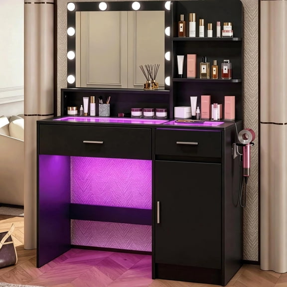Black Vanity Desk with Mirror & RGB Lights - Adjustable Brightness, Glass Top, Built-in Power Outlet, Multi-Storage Makeup Dressing Table for Bedroom