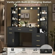 Black Vanity Desk with Mirror and Lights, Makeup Vanity Table with Charging Stations&6 Drawers&Storage Cabinet&Glass Tabletop for Bedroom