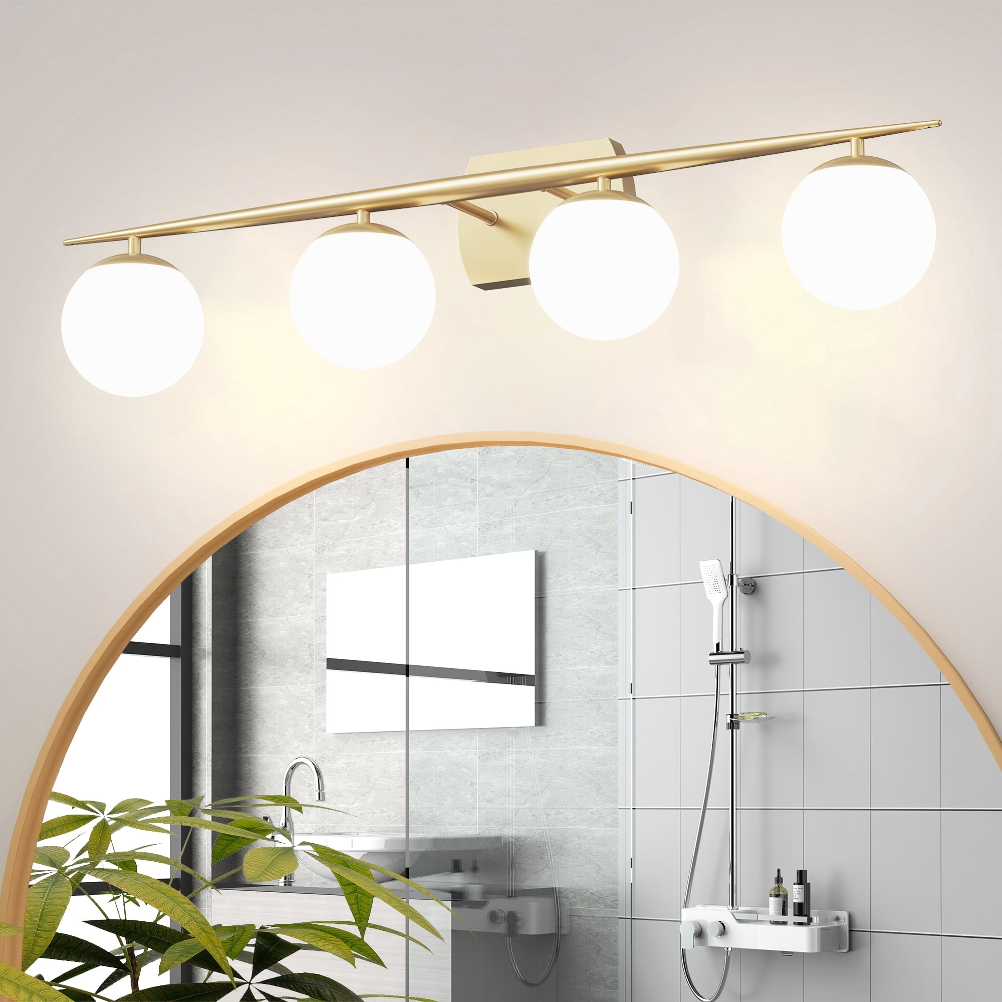 Gold Vanity Lighting Fixtures, 4-Light 34.7 Inch Modern Bathroom Light with Milky White Frosted Glass Shades, Wall Lights for Bathroom, Bedroom, Living Room（G9 Bulb not Included）