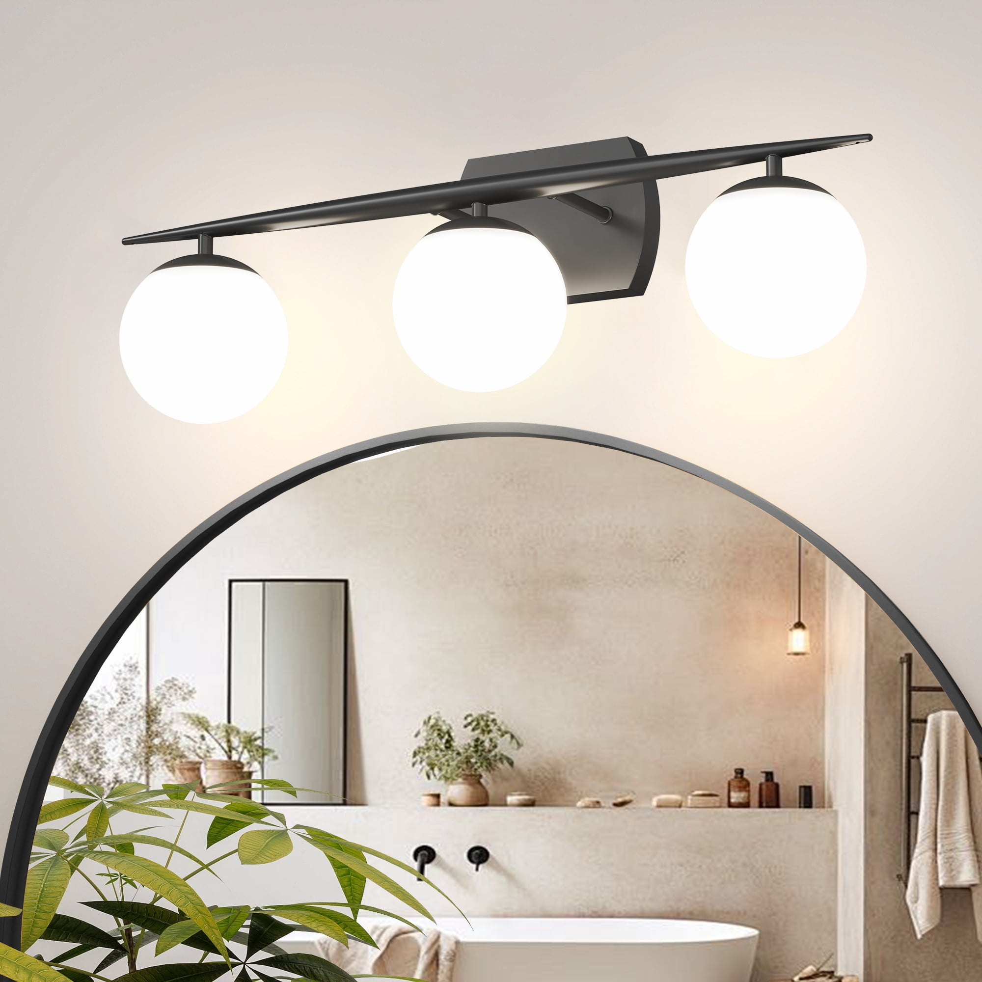 Black Bathroom Light Fixtures, 3-Light 25.1 Inch Modern Vanity Lights with Milky White Frosted Glass Shades, Wall Sconces for Bathroom, Bedroom, Living Room(G9 Bulb not Included)