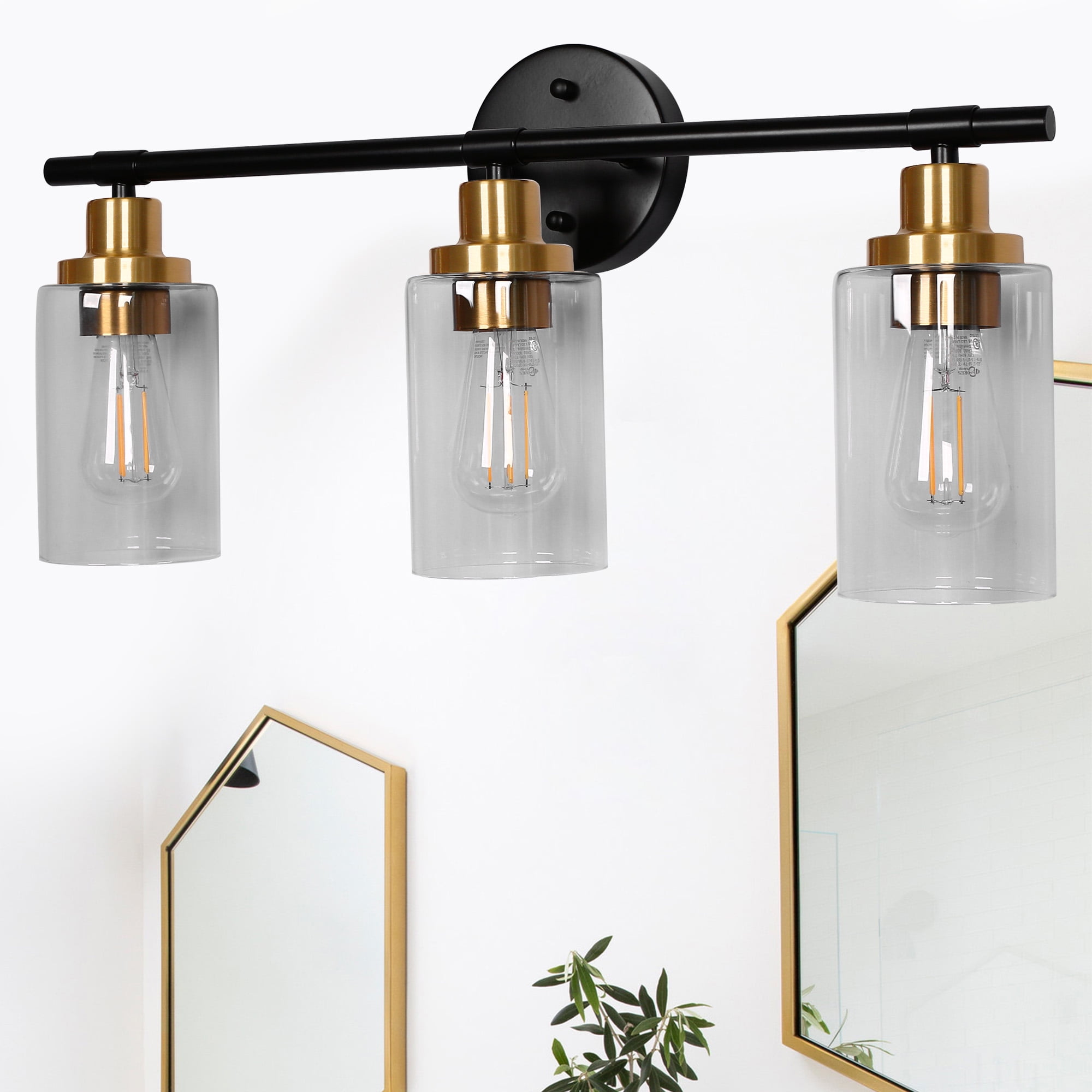 Black Vanity Lights for Bathroom 3 Lights Industrial Wall Mounted Over Mirror Wall Lights with Glass Cover