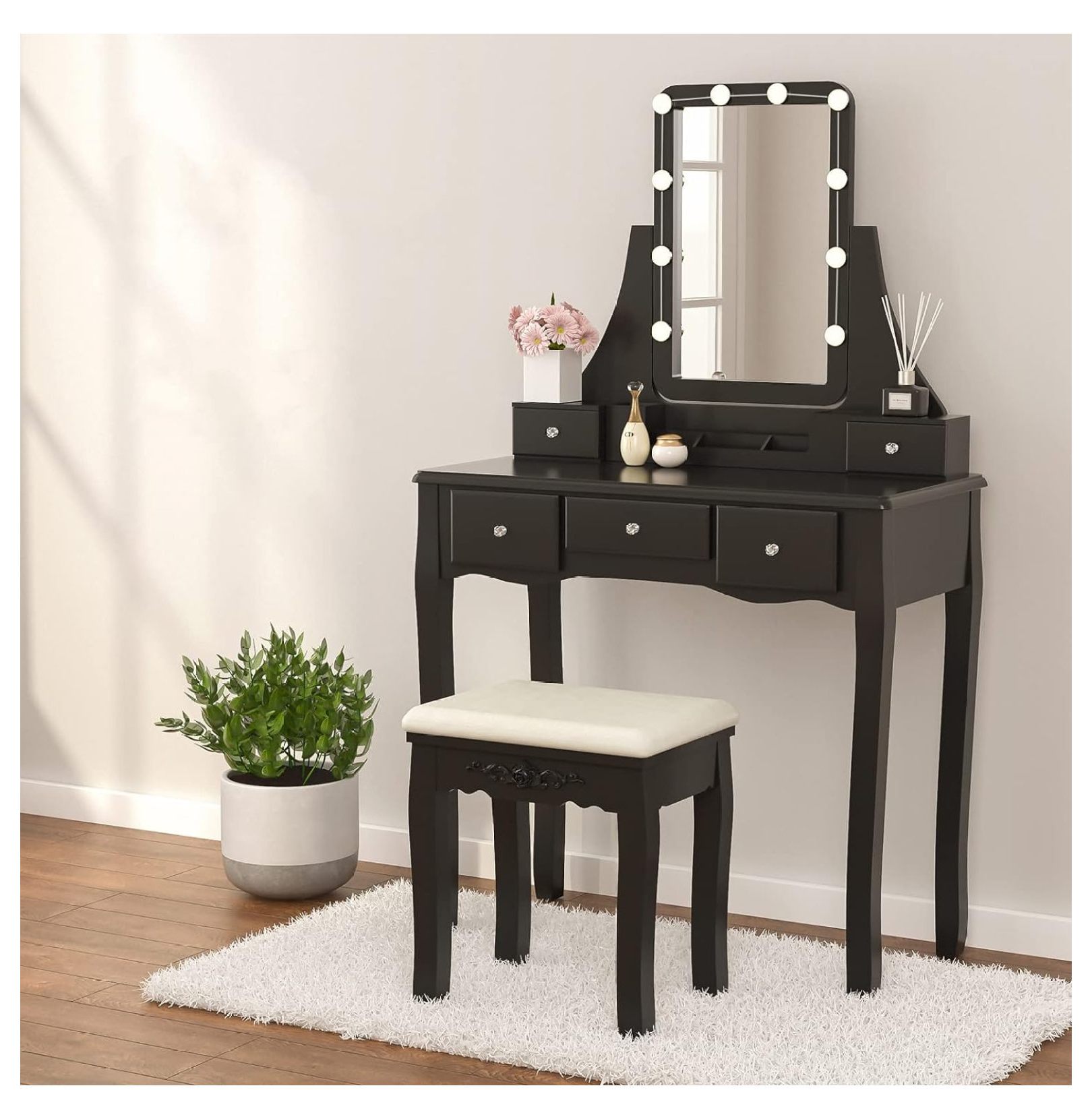 Black Vanity Set with Lighted Mirror,Makeup Vanity w/10 LED Dimmable Bulbs,Dressing Table with
