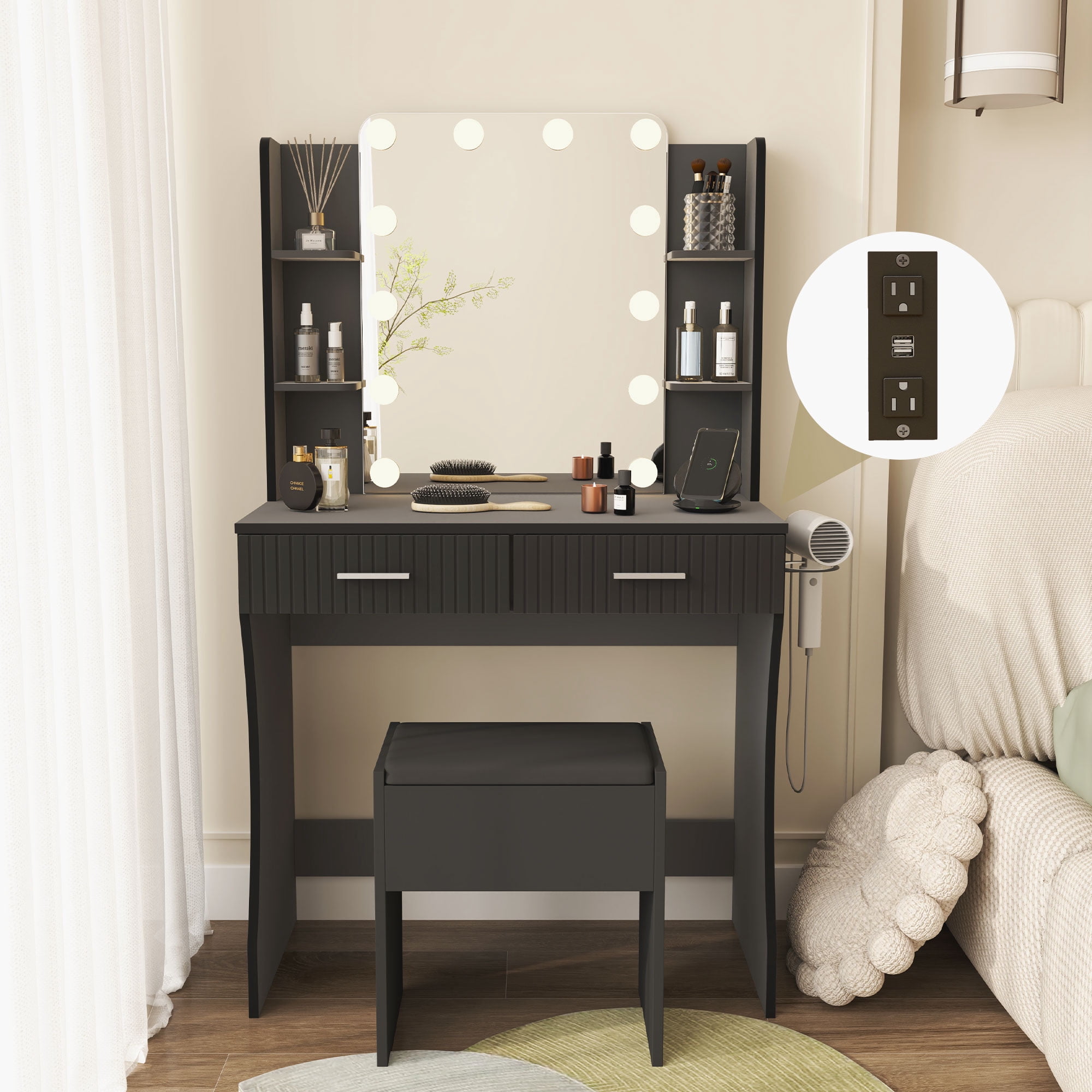 Black Vanity Set with Mirror and Lights, Makeup Vanity Desk with 3 ...