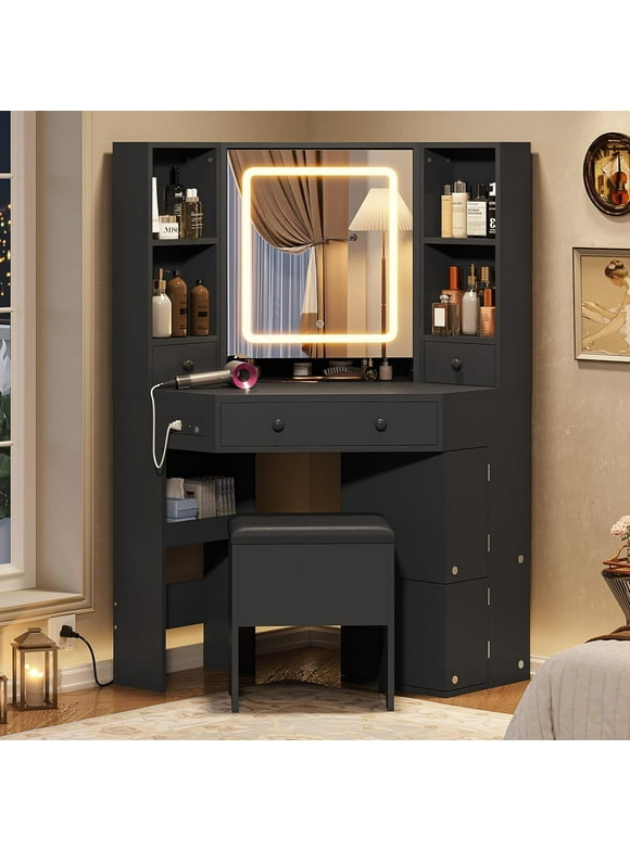 Black Vanity Set with Lights&Charging Station, Makeup Vanity Desk Table with Mirror&4 Drawers&Storage Stool for Bedroom