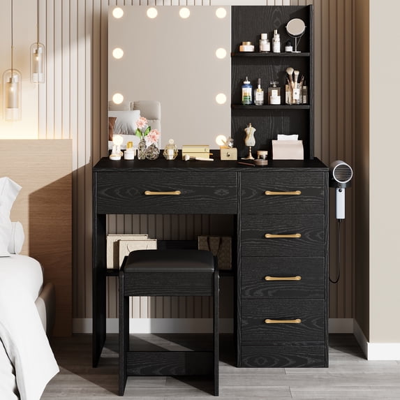 Black Vanity Set with Mirror and Light for Women, PAPROOS Small Vanity Desk with 5 Drawers, Modern Wood Makeup Table with Hair Dryer Rack and Stool,