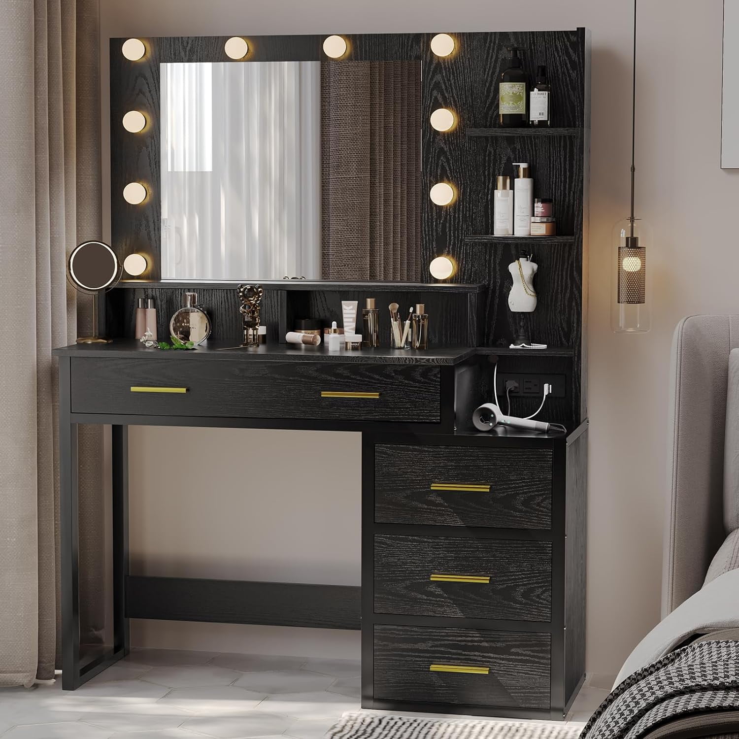 Black Vanity Table with Drawers and Shelves and Nightstand Makeup