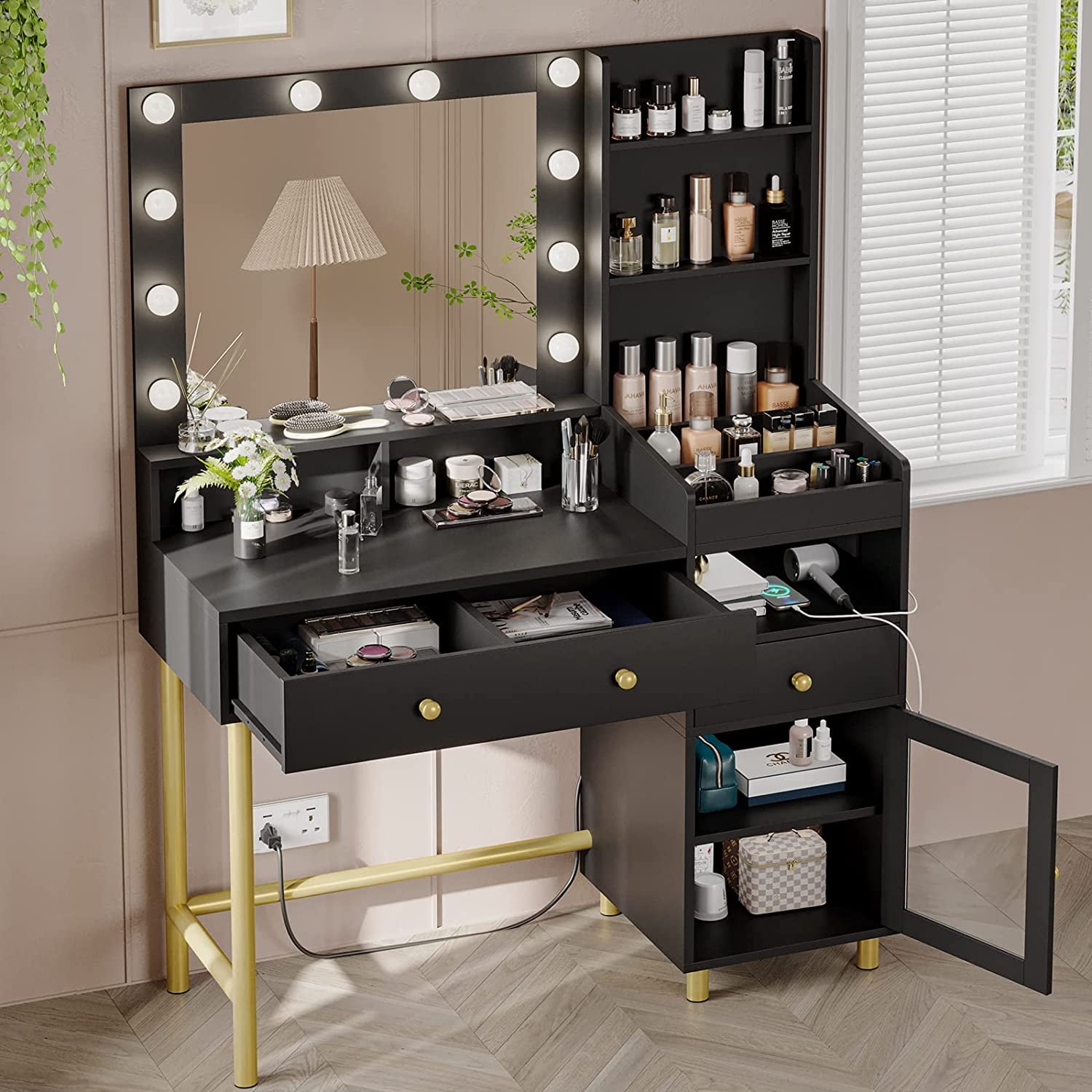 Black Vanity Table with Mirror and Lights and Drawers Modern Makeup