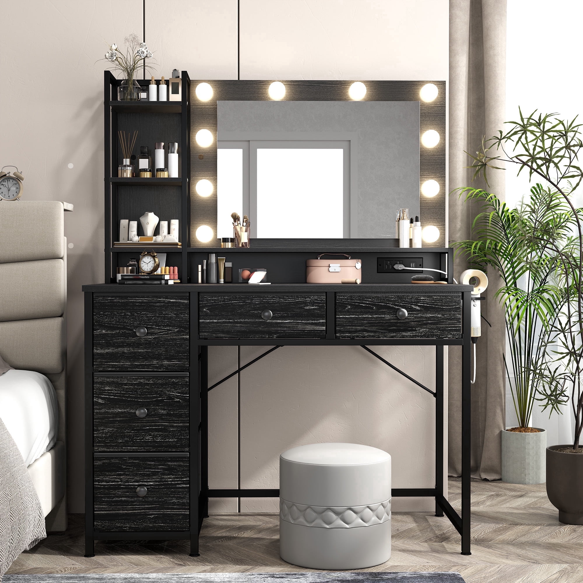 Black Vanity with Mirror and Lights Makeup Vanity Desk with 5 Fabric Drawers Dressing Table with Storage Drawers for Bedroom